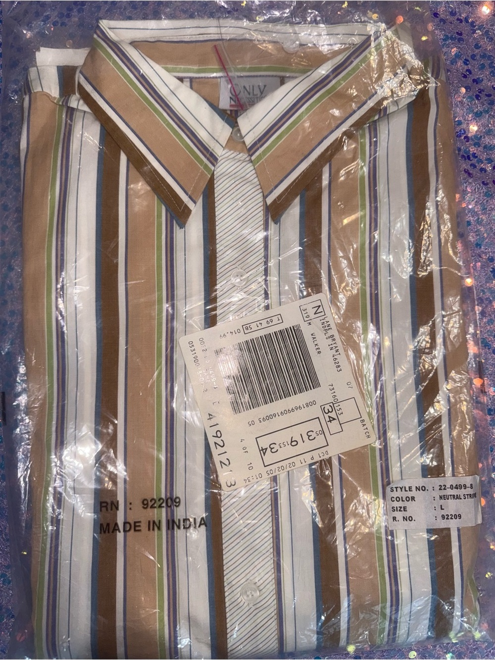 2747-Only Necessities Neutral Stripe Button-Down Shirt - Tan, White & Blue
